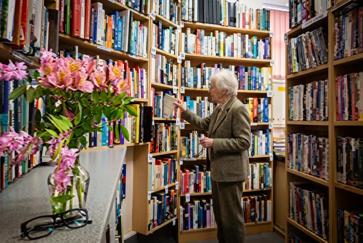 A member browsing the shelves in the Birkenhead RSA library